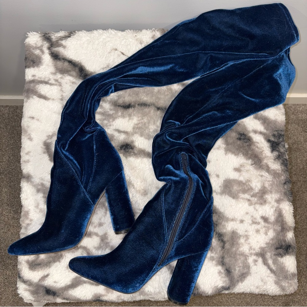 Aldo Navy Blue Velvet Over-the-Knee Block Heel Boots